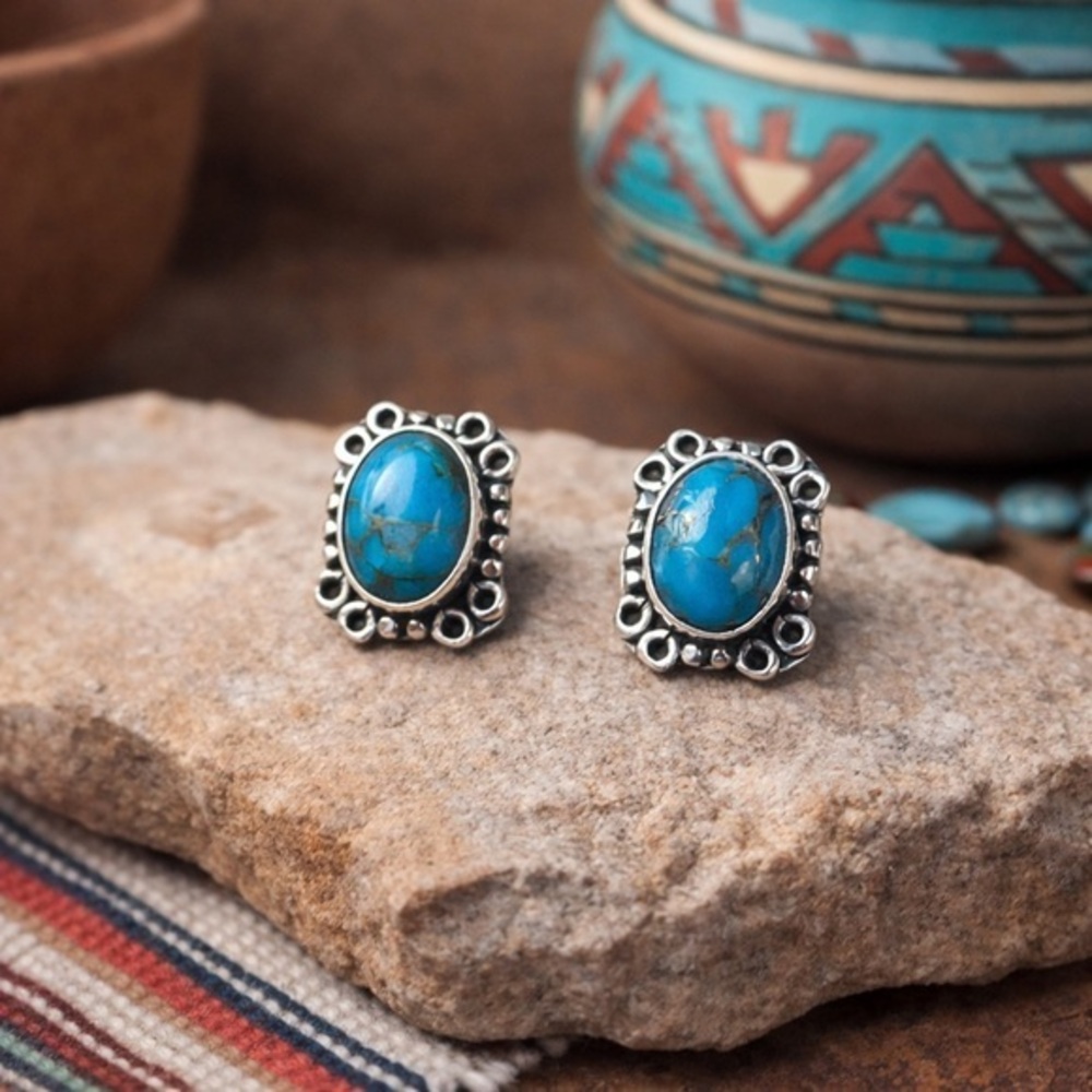 Mojave Turquoise Oval Stud Earrings Sterling Silver Scroll Bezel 1/2” #561